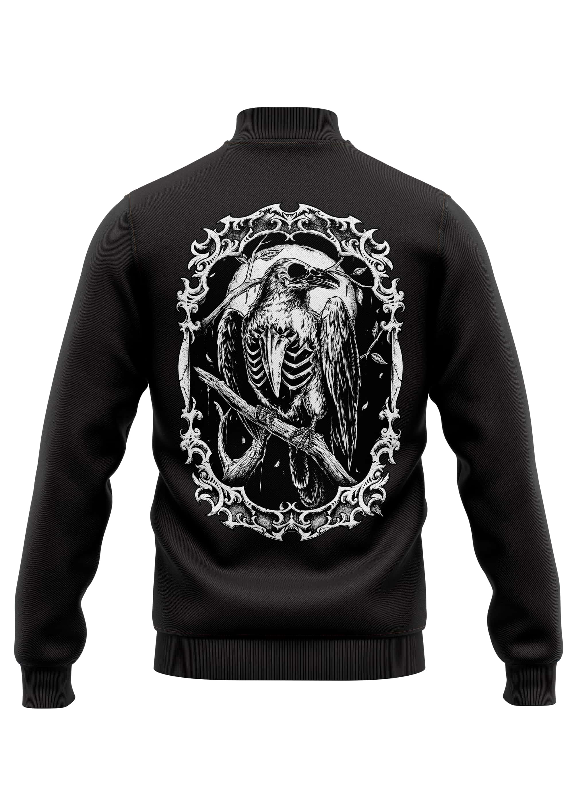 Black bomber jacke the crow mit weiße skelett vogel grafik und ornamenten aus strapazierfähigem stoff unisex college-jacke